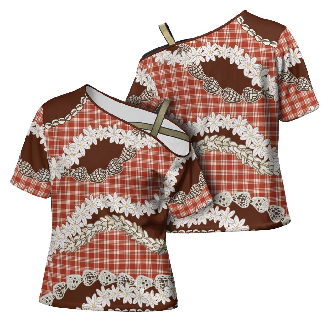 Red Hawaii Tiare and Shell Lei Cross Shoulder Shirt Hawaiian Palaka Luxury Vibes - Polynesian Pride