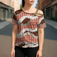 Red Hawaii Tiare and Shell Lei Cross Shoulder Shirt Hawaiian Palaka Luxury Vibes - Polynesian Pride