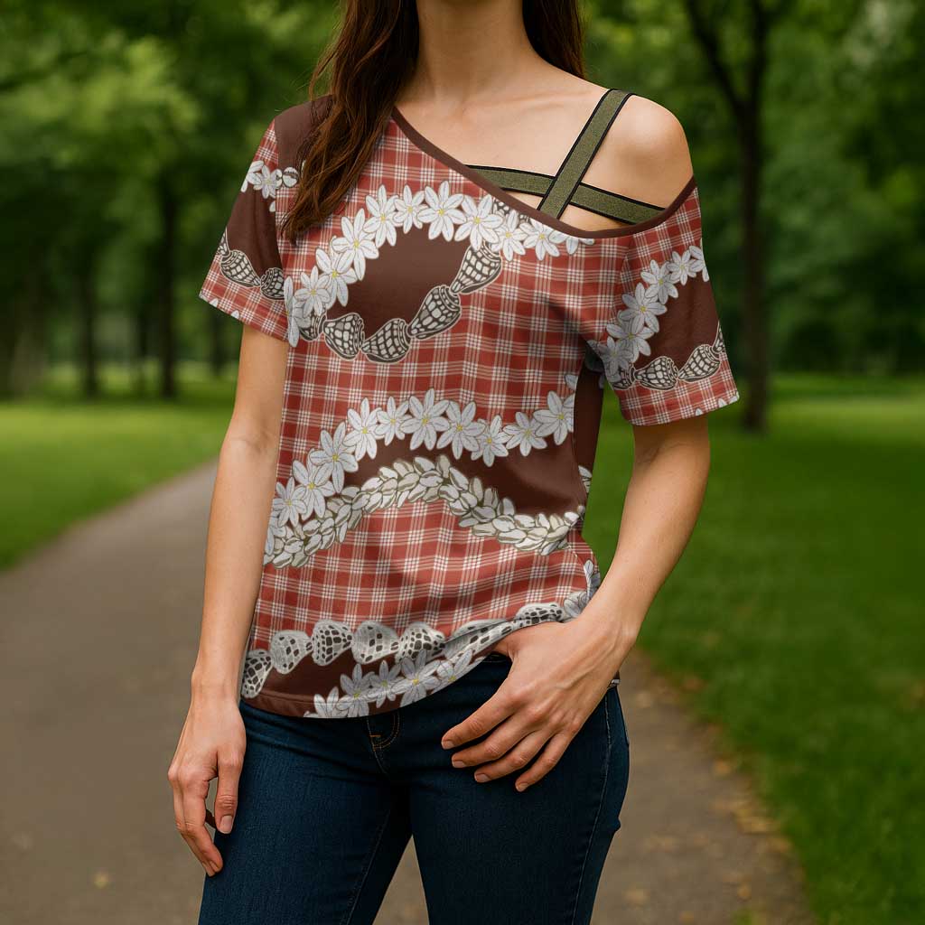 Red Hawaii Tiare and Shell Lei Cross Shoulder Shirt Hawaiian Palaka Luxury Vibes - Polynesian Pride