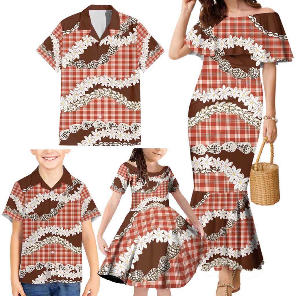 Red Hawaii Tiare and Shell Lei Family Matching Mermaid Dress and Hawaiian Shirt Hawaiian Palaka Luxury Vibes - Polynesian Pride