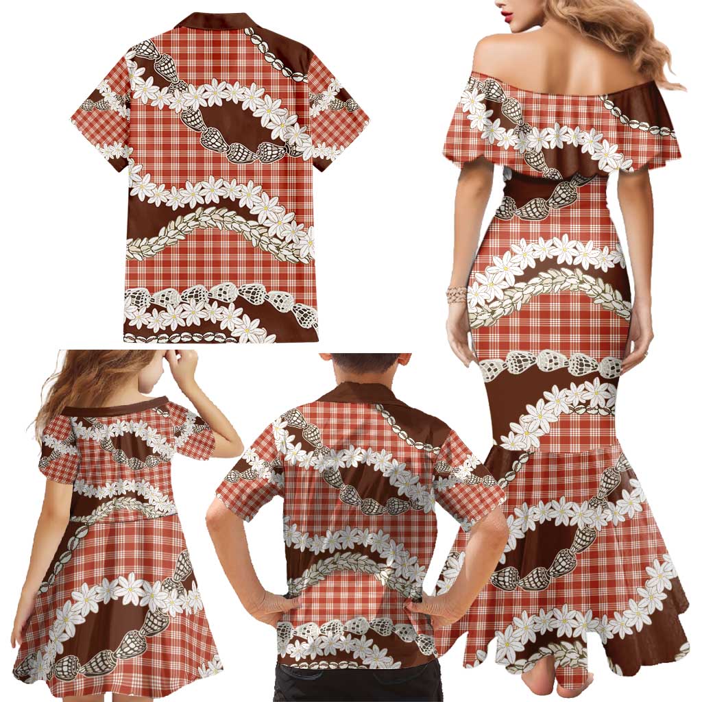 Red Hawaii Tiare and Shell Lei Family Matching Mermaid Dress and Hawaiian Shirt Hawaiian Palaka Luxury Vibes - Polynesian Pride