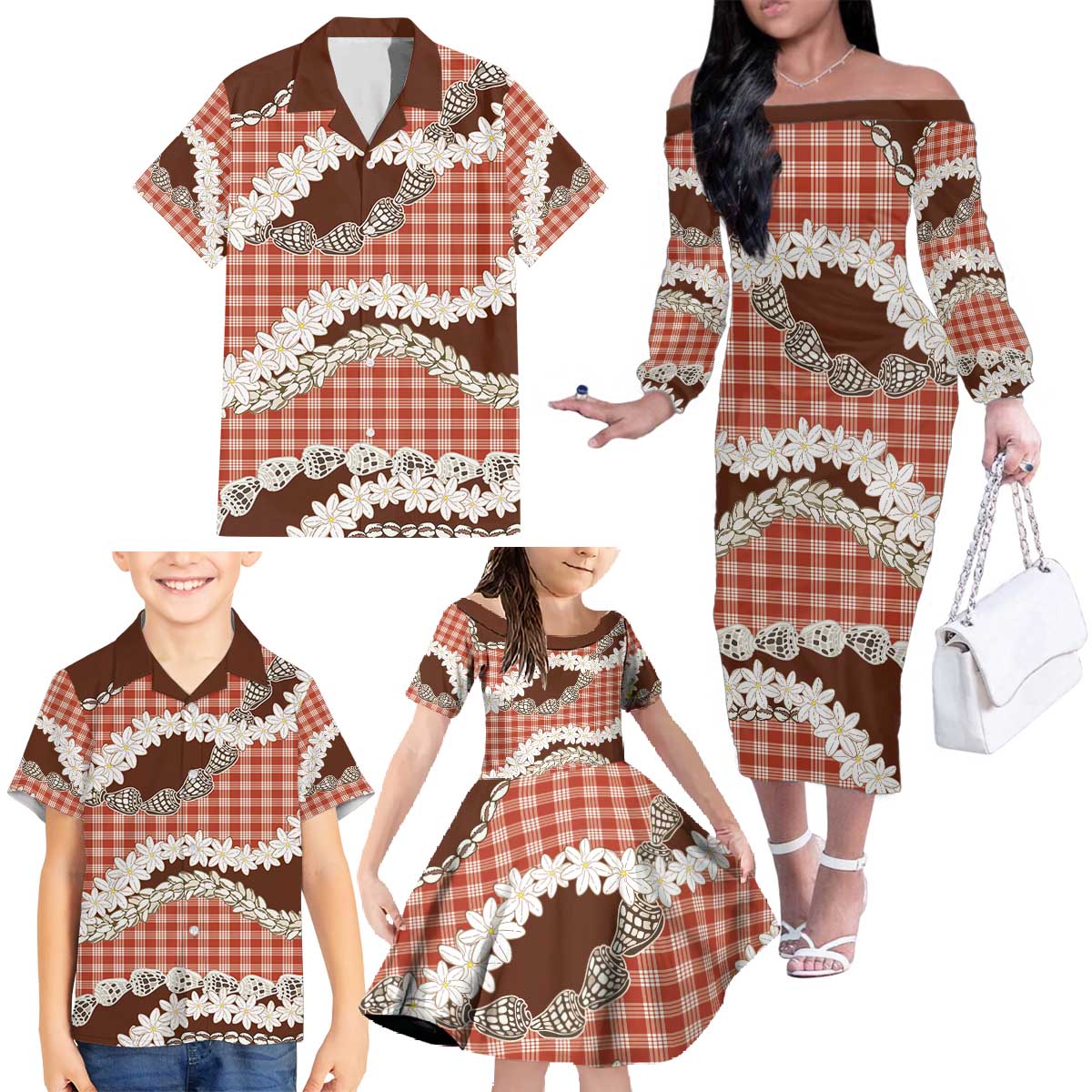 Red Hawaii Tiare and Shell Lei Family Matching Off The Shoulder Long Sleeve Dress and Hawaiian Shirt Hawaiian Palaka Luxury Vibes - Polynesian Pride