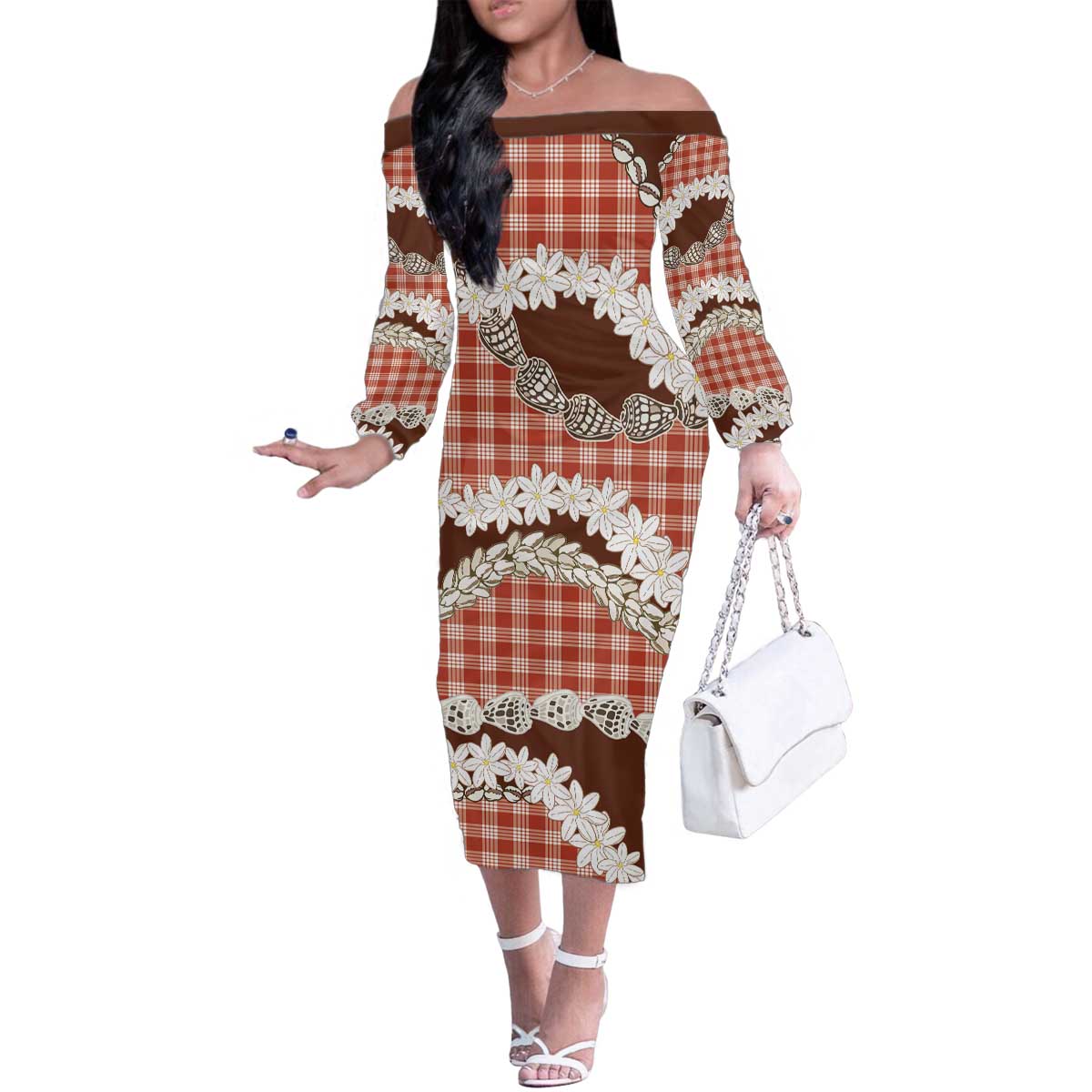 Red Hawaii Tiare and Shell Lei Family Matching Off The Shoulder Long Sleeve Dress and Hawaiian Shirt Hawaiian Palaka Luxury Vibes - Polynesian Pride