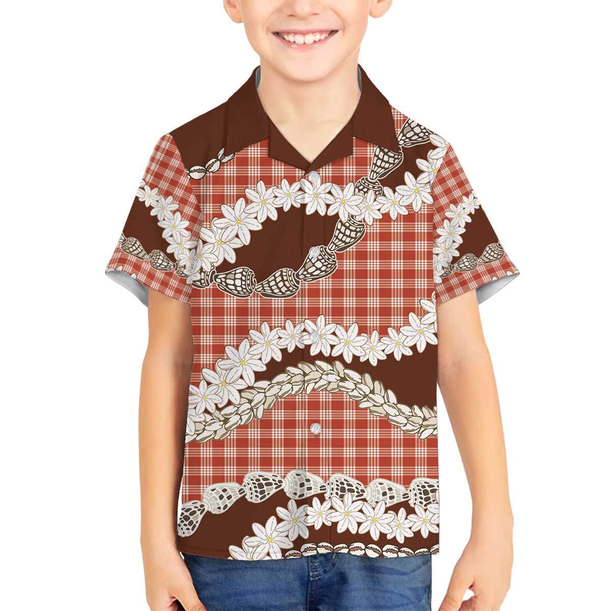 Red Hawaii Tiare and Shell Lei Family Matching Off The Shoulder Long Sleeve Dress and Hawaiian Shirt Hawaiian Palaka Luxury Vibes - Polynesian Pride