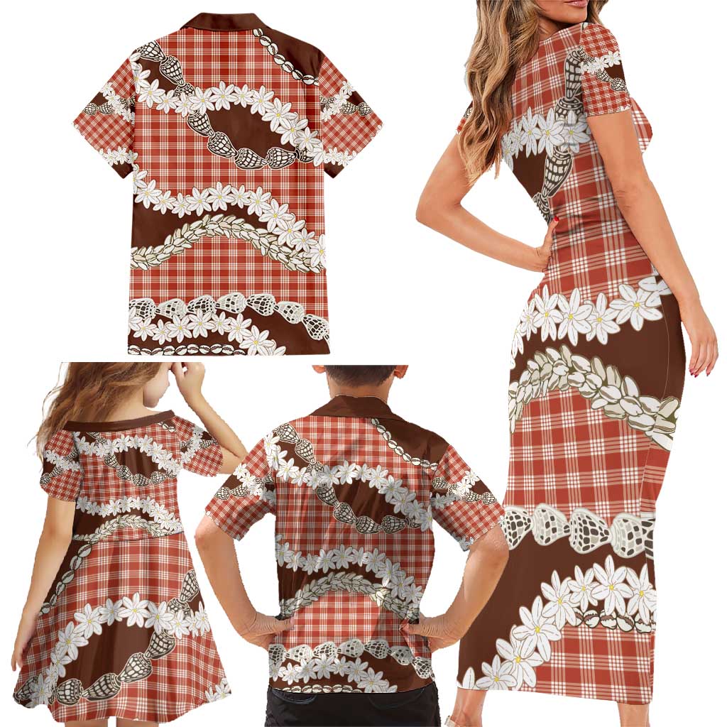 Red Hawaii Tiare and Shell Lei Family Matching Short Sleeve Bodycon Dress and Hawaiian Shirt Hawaiian Palaka Luxury Vibes - Polynesian Pride