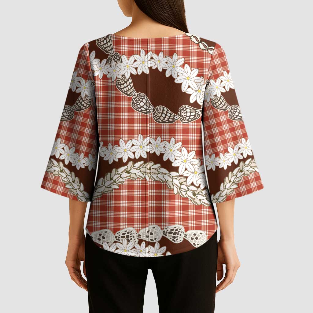 Red Hawaii Tiare and Shell Lei Kimono Sleeve Blouse Hawaiian Palaka Luxury Vibes LT14 - Polynesian Pride