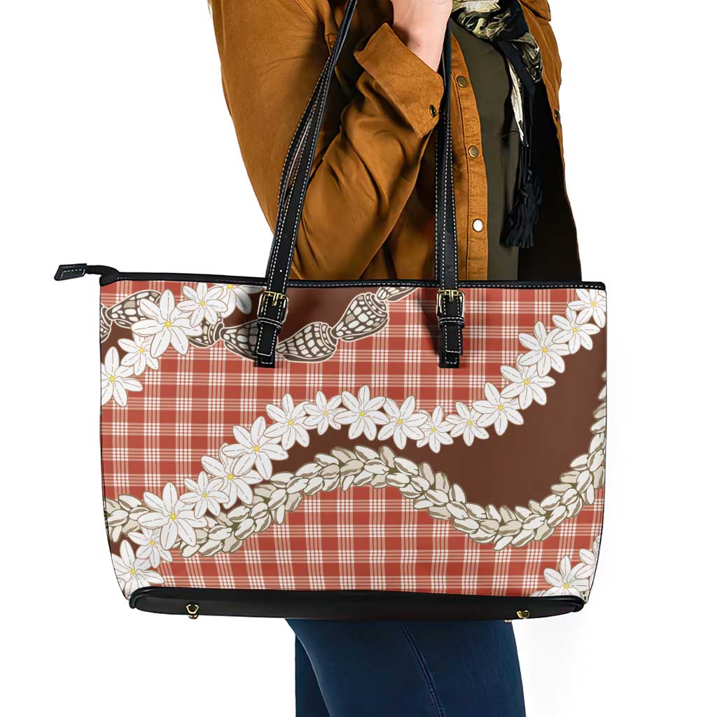 Red Hawaii Tiare and Shell Lei Leather Tote Bag Hawaiian Palaka Luxury Vibes LT14 - Polynesian Pride