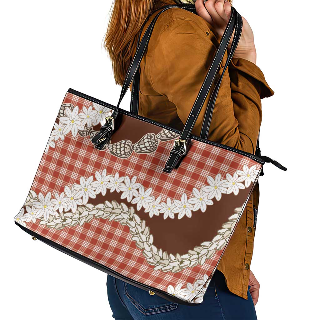 Red Hawaii Tiare and Shell Lei Leather Tote Bag Hawaiian Palaka Luxury Vibes LT14 - Polynesian Pride
