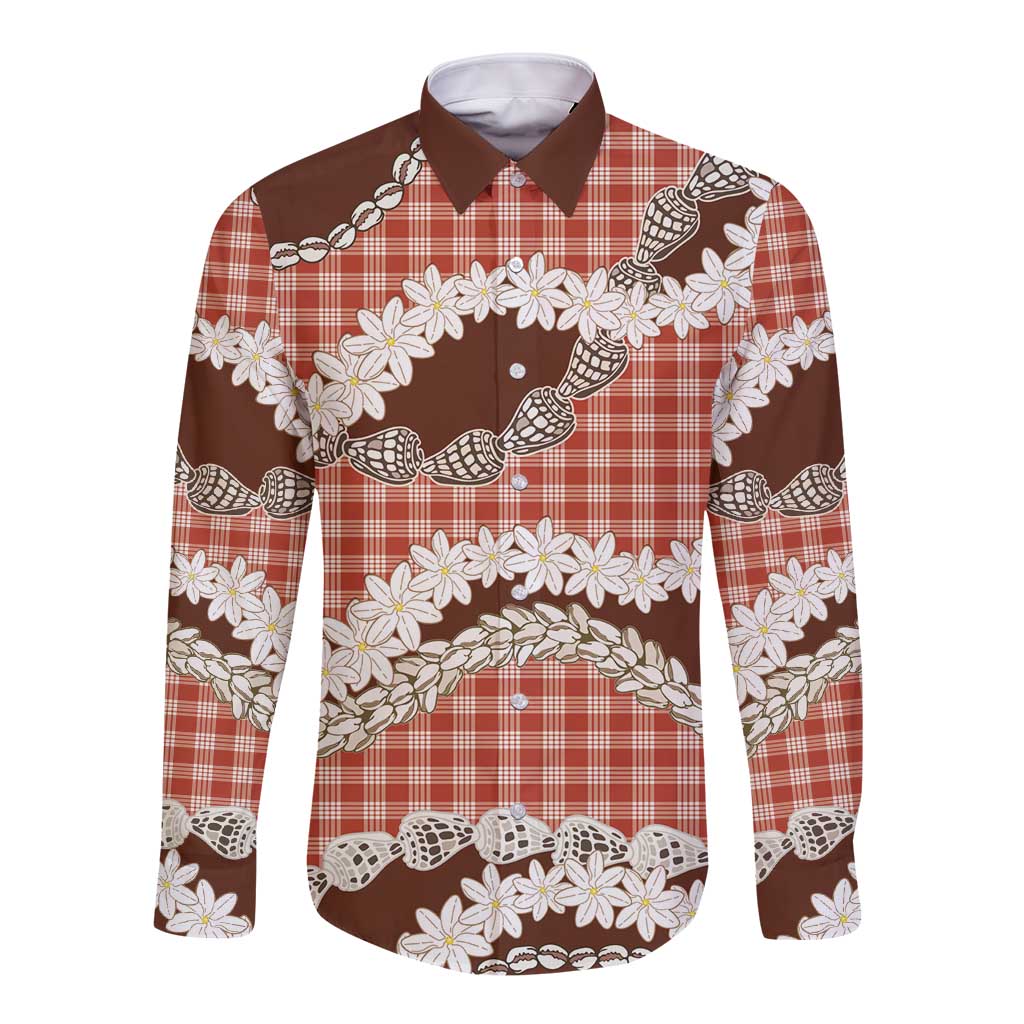 Red Hawaii Tiare and Shell Lei Long Sleeve Button Shirt Hawaiian Palaka Luxury Vibes LT14 Unisex Red - Polynesian Pride