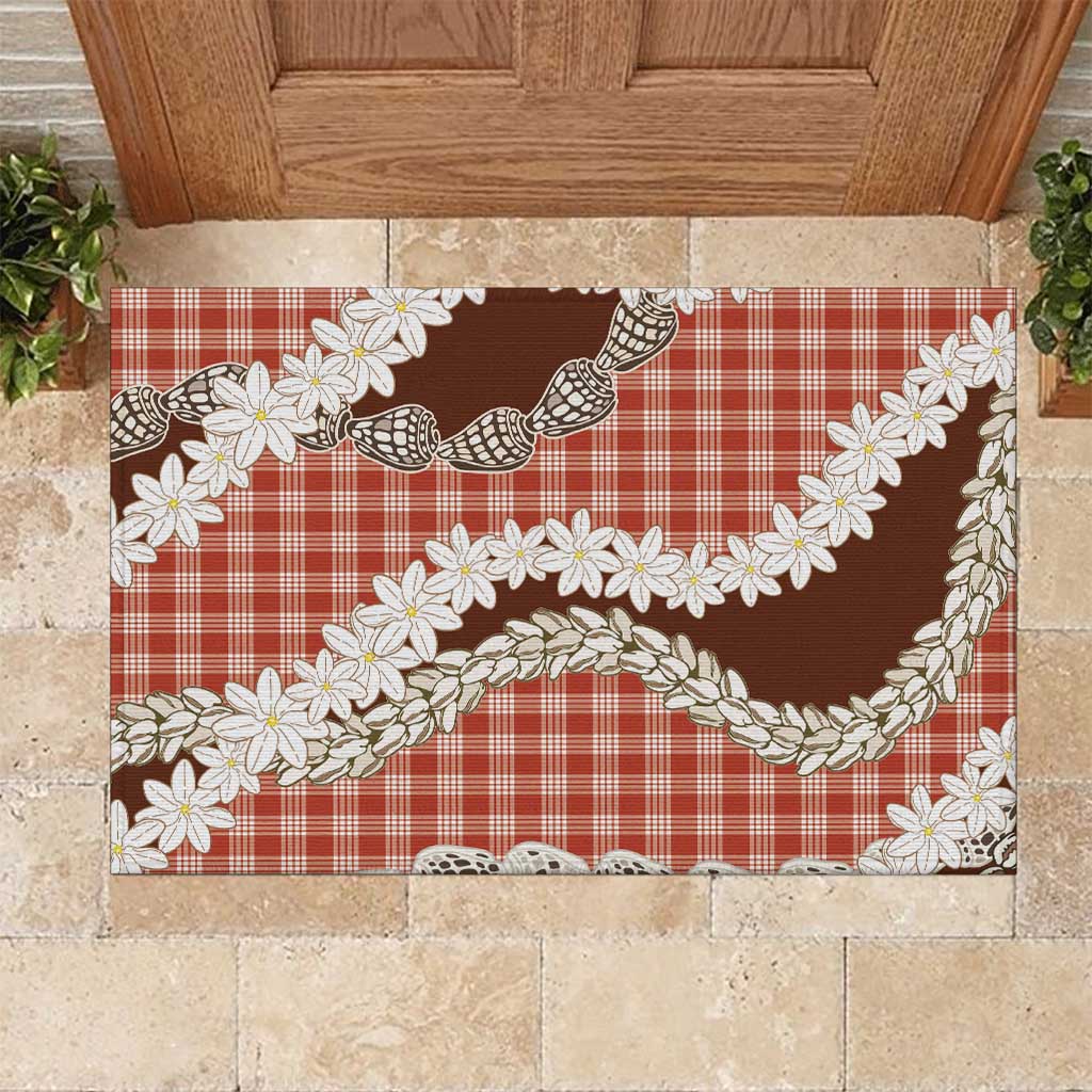 Red Hawaii Tiare and Shell Lei Rubber Doormat Hawaiian Palaka Luxury Vibes LT14 Red - Polynesian Pride