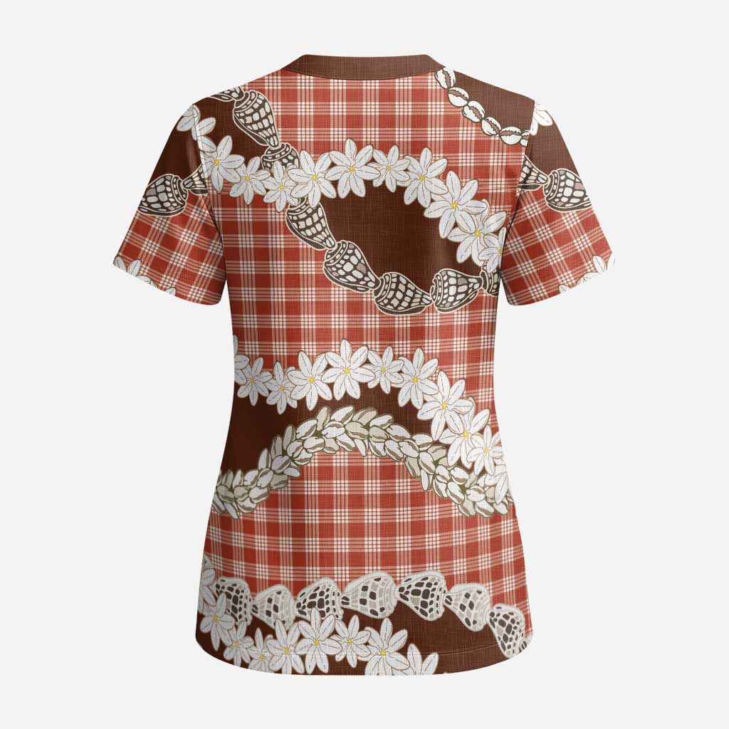 Red Hawaii Tiare and Shell Lei Scrub Top Hawaiian Palaka Luxury Vibes LT14 - Polynesian Pride