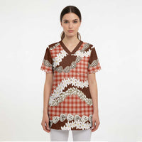 Red Hawaii Tiare and Shell Lei Scrub Top Hawaiian Palaka Luxury Vibes LT14 - Polynesian Pride