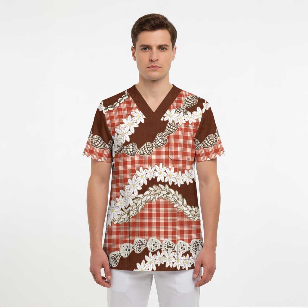 Red Hawaii Tiare and Shell Lei Scrub Top Hawaiian Palaka Luxury Vibes LT14 - Polynesian Pride