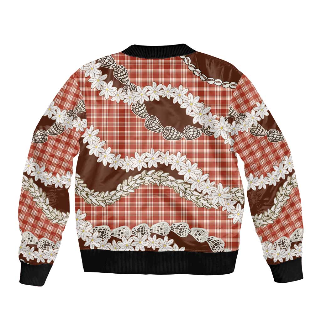 Red Hawaii Tiare and Shell Lei Sleeve Zip Bomber Jacket Hawaiian Palaka Luxury Vibes - Polynesian Pride