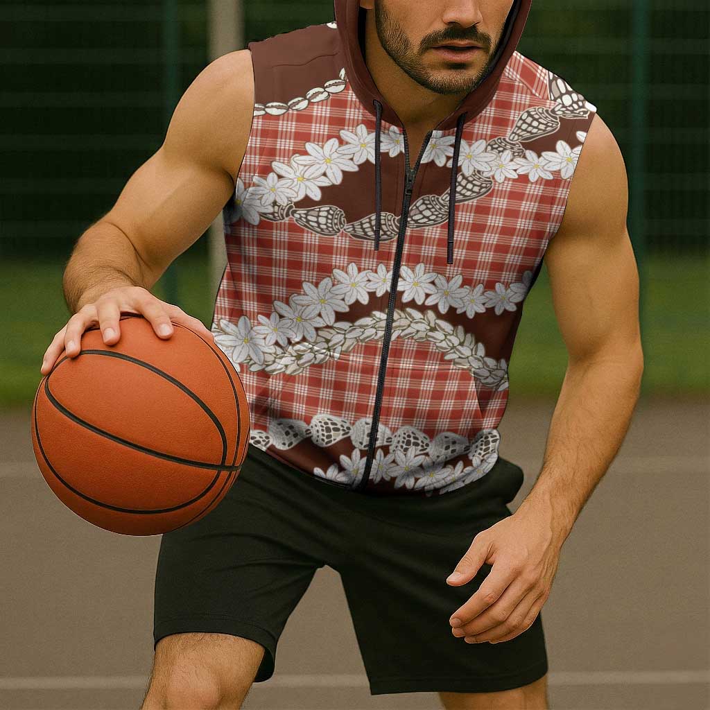 Red Hawaii Tiare and Shell Lei Sleeveless Zip Hoodie Hawaiian Palaka Luxury Vibes - Polynesian Pride