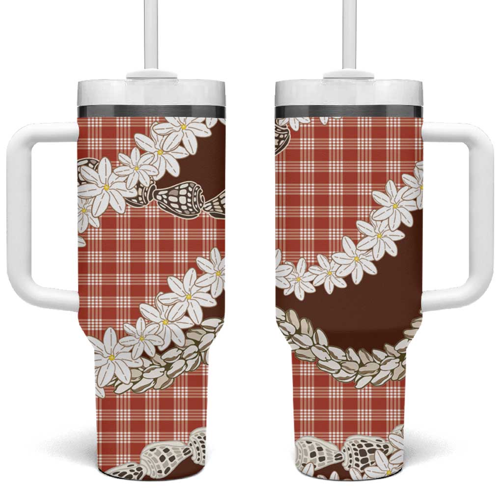 Red Hawaii Tiare and Shell Lei Tumbler With Handle Hawaiian Palaka Luxury Vibes - Polynesian Pride