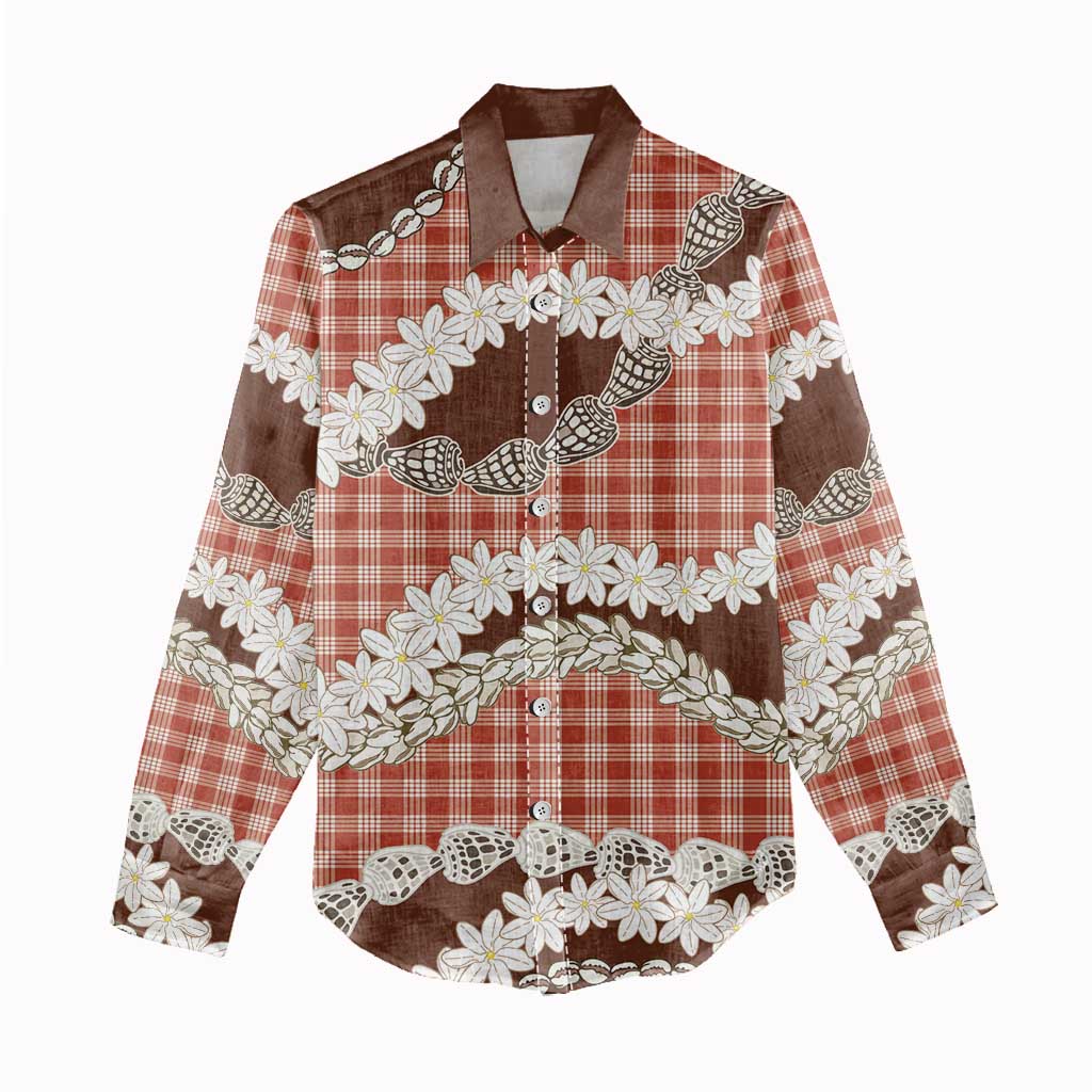 Red Hawaii Tiare and Shell Lei Women Casual Shirt Hawaiian Palaka Luxury Vibes - Polynesian Pride