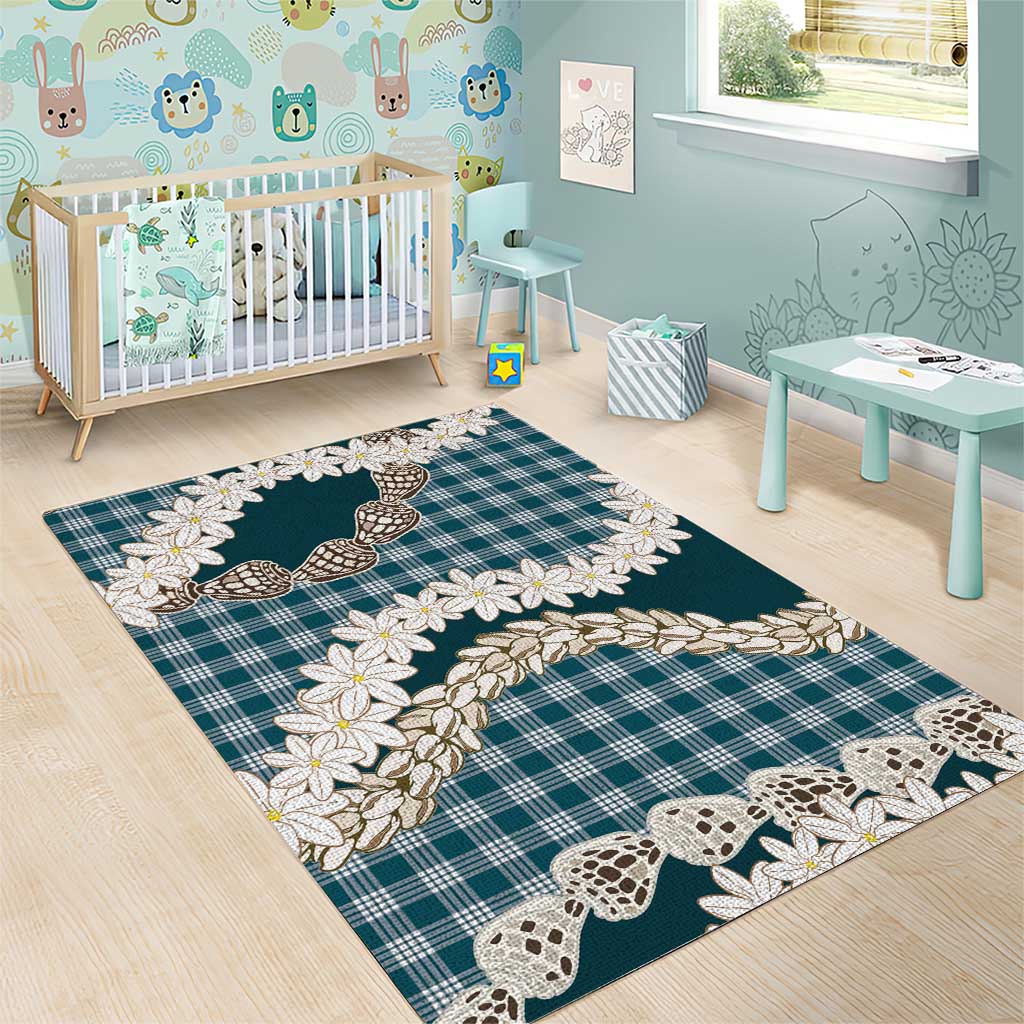 Dark Cyan Hawaii Tiare and Shell Lei Area Rug Hawaiian Palaka Luxury Vibes - Polynesian Pride