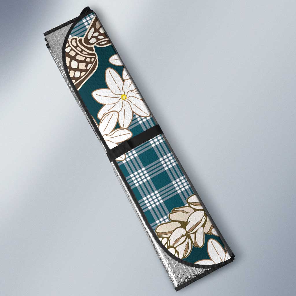Dark Cyan Hawaii Tiare and Shell Lei Auto Sun Shade Hawaiian Palaka Luxury Vibes - Polynesian Pride