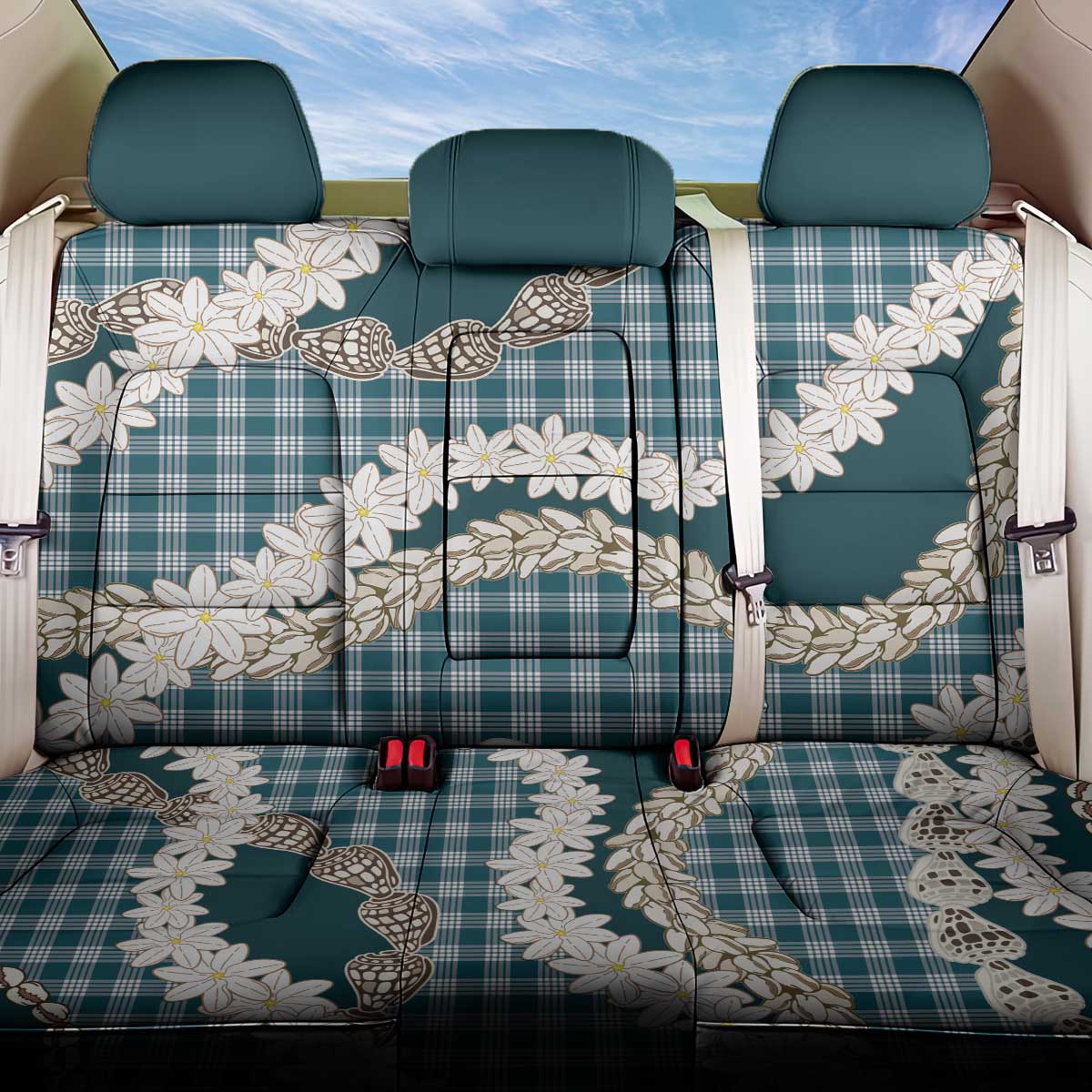 Dark Cyan Hawaii Tiare and Shell Lei Back Car Seat Cover Hawaiian Palaka Luxury Vibes LT14 One Size Dark Cyan - Polynesian Pride
