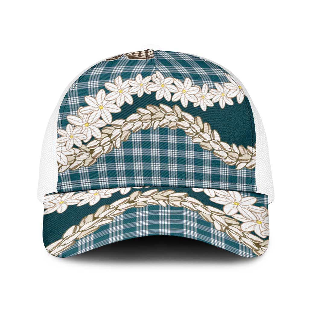 Dark Cyan Hawaii Tiare and Shell Lei Baseball Net Cap Hawaiian Palaka Luxury Vibes LT14 One Size White Dark Cyan - Polynesian Pride