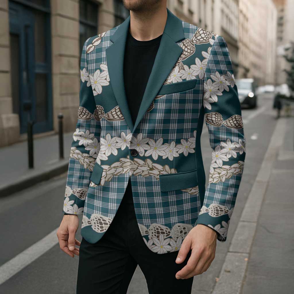 Dark Cyan Hawaii Tiare and Shell Lei Blazer Hawaiian Palaka Luxury Vibes - Polynesian Pride