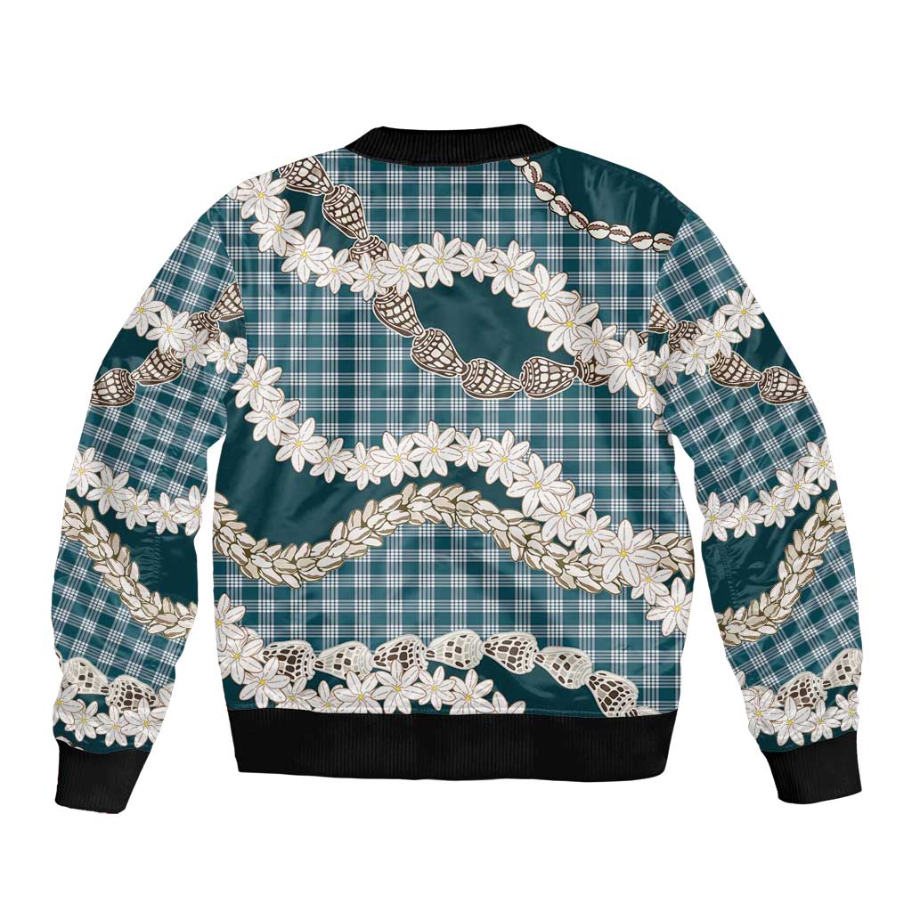 Dark Cyan Hawaii Tiare and Shell Lei Bomber Jacket Hawaiian Palaka Luxury Vibes - Polynesian Pride