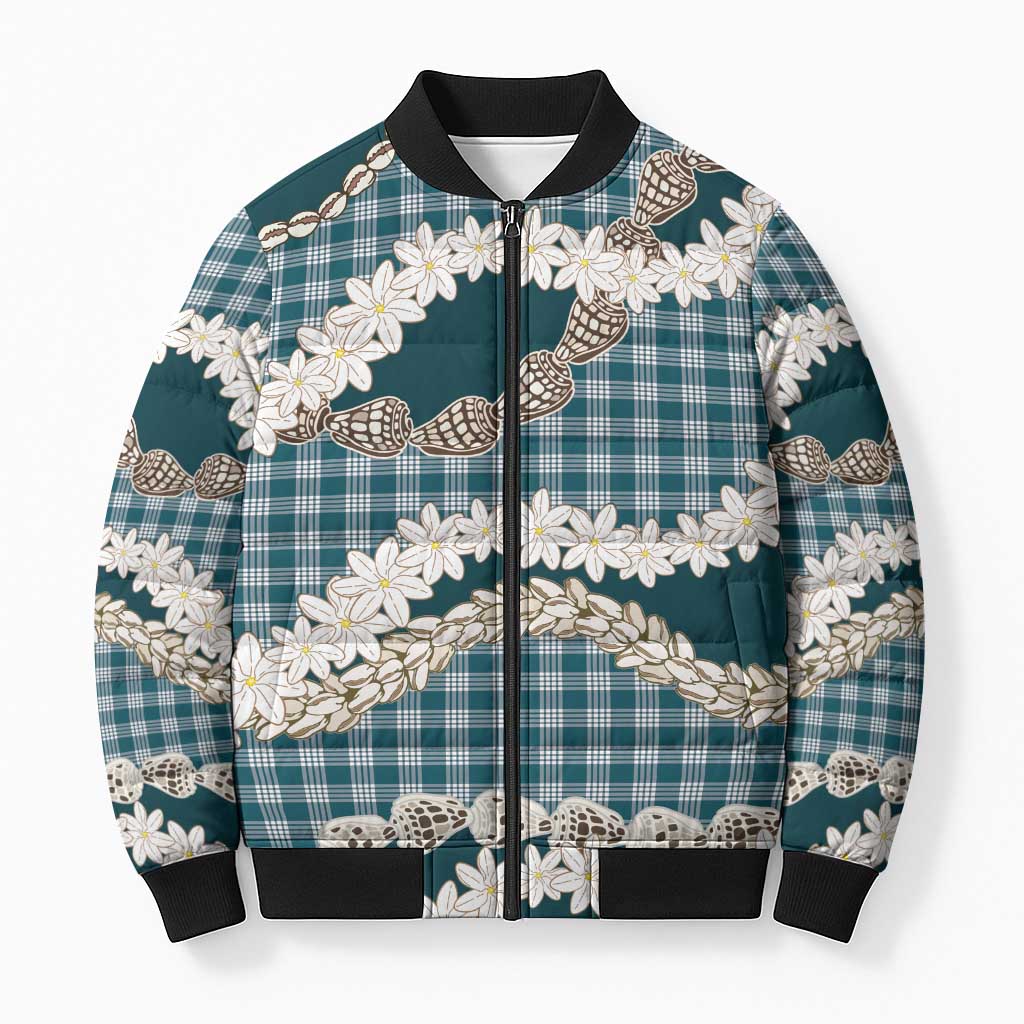 Dark Cyan Hawaii Tiare and Shell Lei Bomber Puffer Jacket Hawaiian Palaka Luxury Vibes LT14 Unisex Dark Cyan - Polynesian Pride