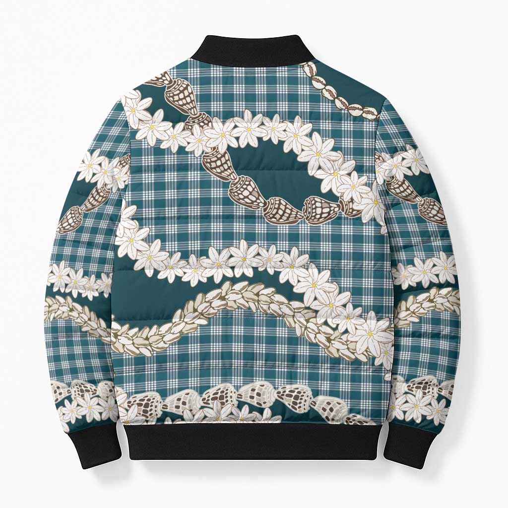 Dark Cyan Hawaii Tiare and Shell Lei Bomber Puffer Jacket Hawaiian Palaka Luxury Vibes LT14 - Polynesian Pride
