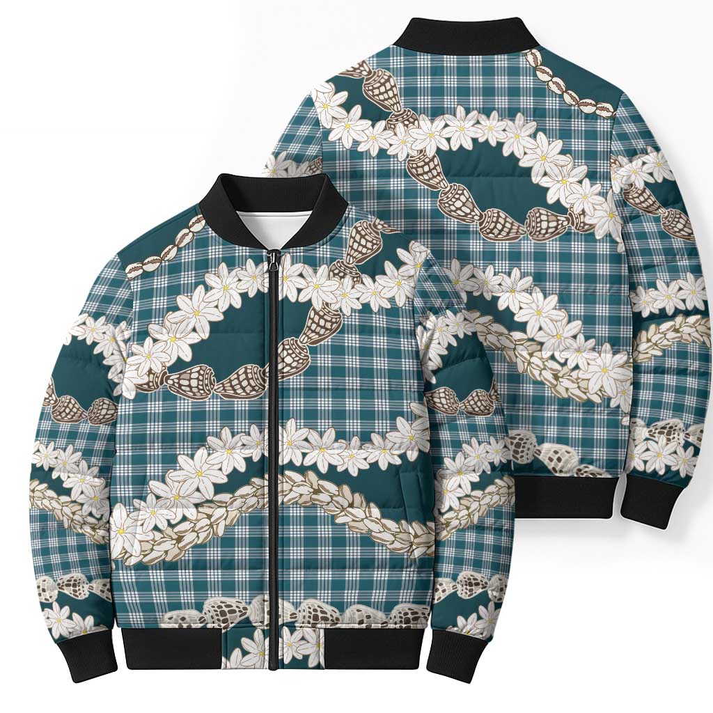 Dark Cyan Hawaii Tiare and Shell Lei Bomber Puffer Jacket Hawaiian Palaka Luxury Vibes LT14 - Polynesian Pride