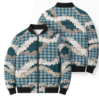 Dark Cyan Hawaii Tiare and Shell Lei Bomber Puffer Jacket Hawaiian Palaka Luxury Vibes LT14 - Polynesian Pride