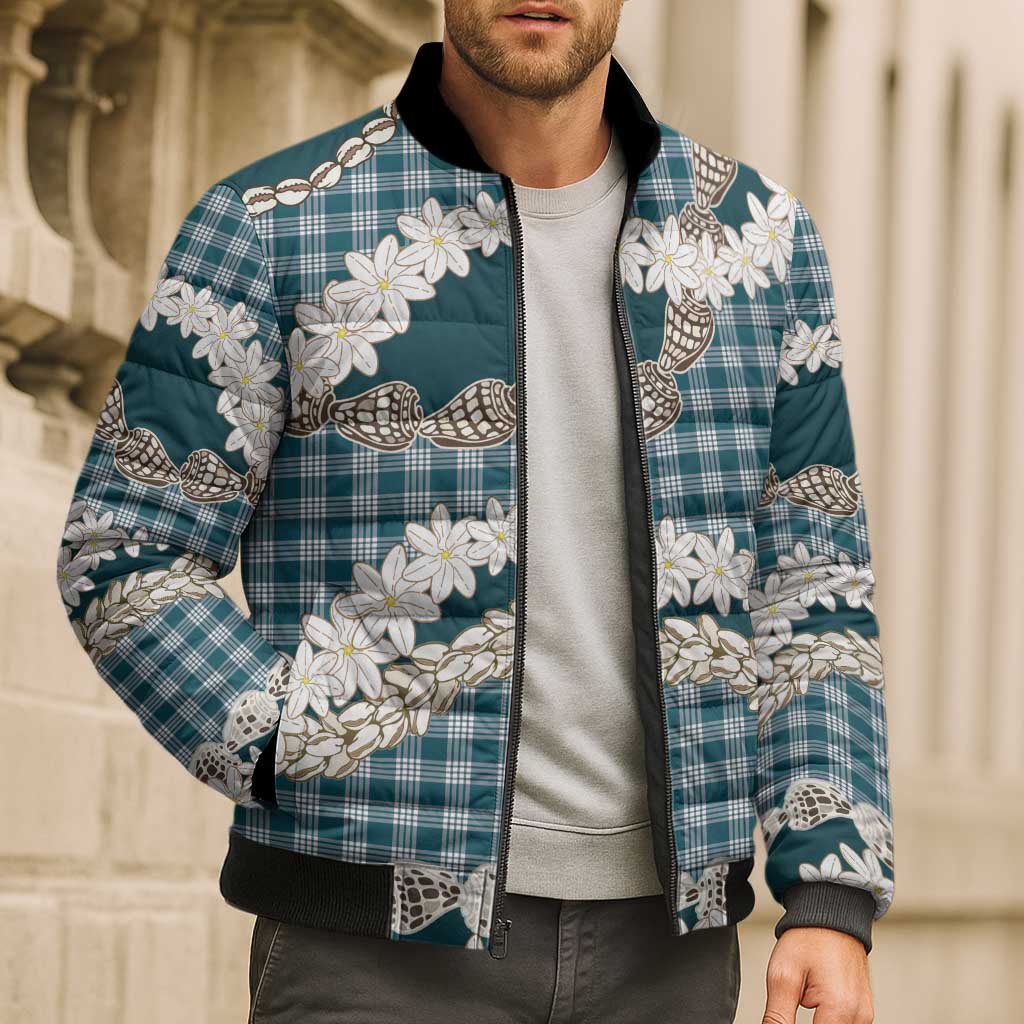 Dark Cyan Hawaii Tiare and Shell Lei Bomber Puffer Jacket Hawaiian Palaka Luxury Vibes LT14 - Polynesian Pride
