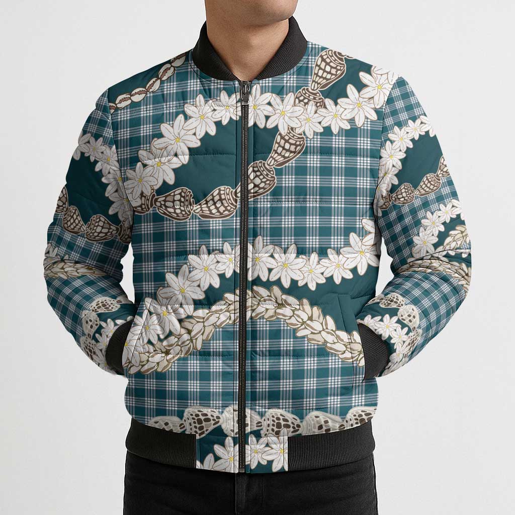 Dark Cyan Hawaii Tiare and Shell Lei Bomber Puffer Jacket Hawaiian Palaka Luxury Vibes LT14 - Polynesian Pride