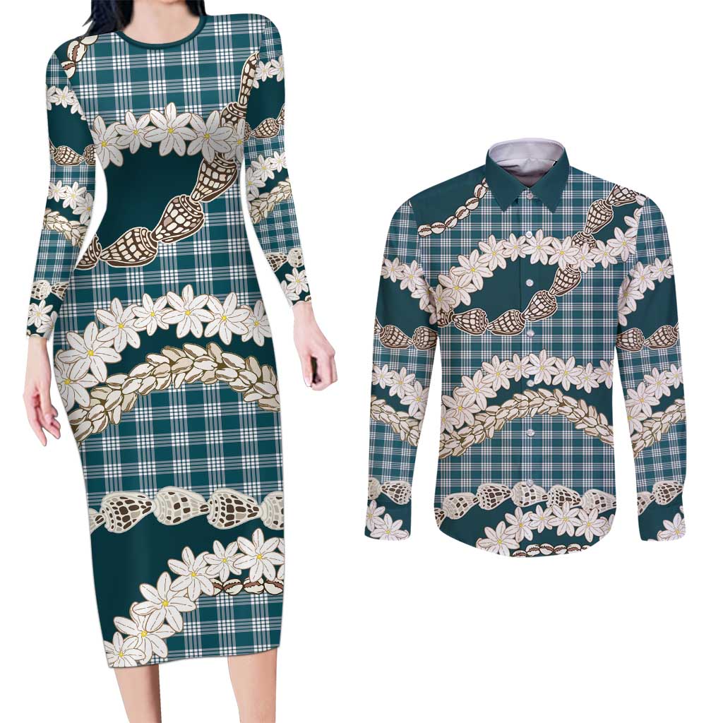 Dark Cyan Hawaii Tiare and Shell Lei Couples Matching Long Sleeve Bodycon Dress and Long Sleeve Button Shirt Hawaiian Palaka Luxury Vibes - Polynesian Pride