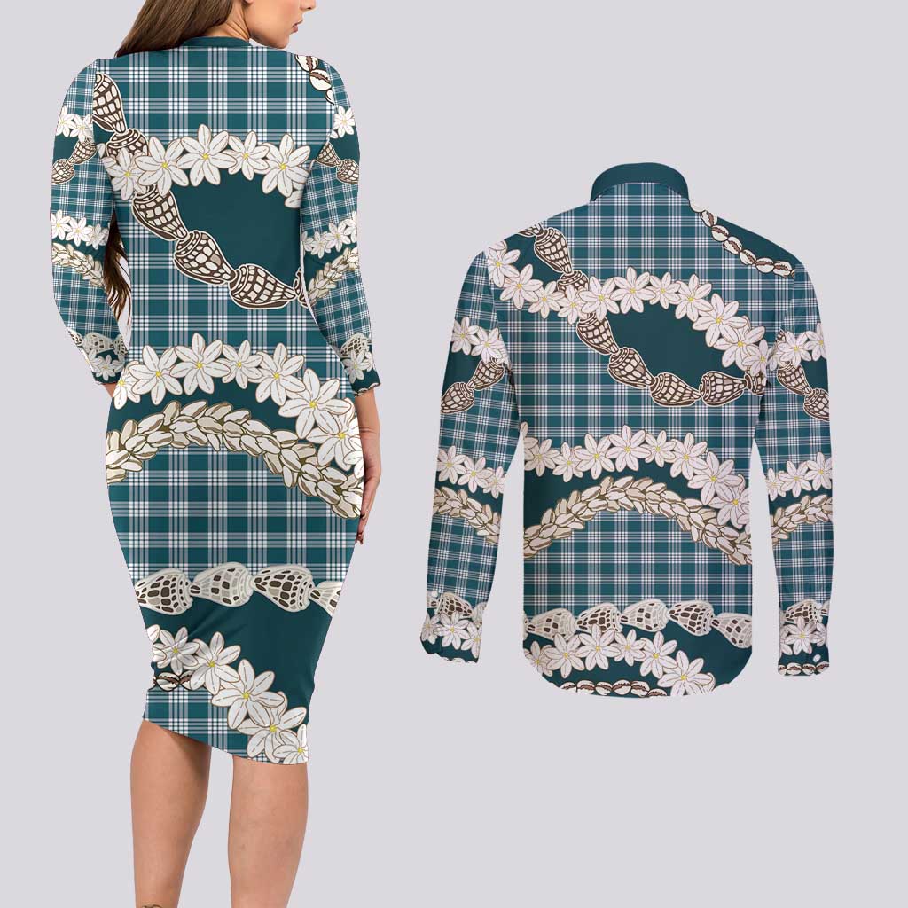 Dark Cyan Hawaii Tiare and Shell Lei Couples Matching Long Sleeve Bodycon Dress and Long Sleeve Button Shirt Hawaiian Palaka Luxury Vibes - Polynesian Pride