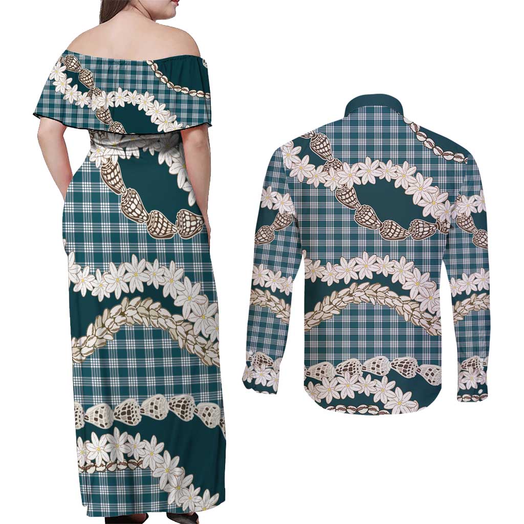 Dark Cyan Hawaii Tiare and Shell Lei Couples Matching Off Shoulder Maxi Dress and Long Sleeve Button Shirt Hawaiian Palaka Luxury Vibes - Polynesian Pride