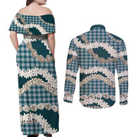 Dark Cyan Hawaii Tiare and Shell Lei Couples Matching Off Shoulder Maxi Dress and Long Sleeve Button Shirt Hawaiian Palaka Luxury Vibes - Polynesian Pride