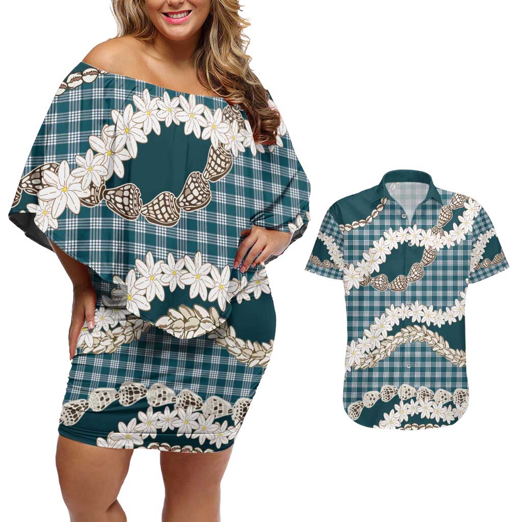 Dark Cyan Hawaii Tiare and Shell Lei Couples Matching Off Shoulder Short Dress and Hawaiian Shirt Hawaiian Palaka Luxury Vibes - Polynesian Pride