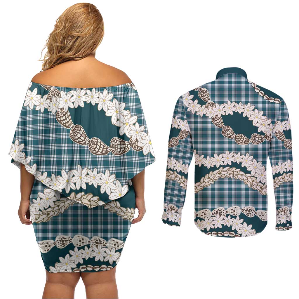 Dark Cyan Hawaii Tiare and Shell Lei Couples Matching Off Shoulder Short Dress and Long Sleeve Button Shirt Hawaiian Palaka Luxury Vibes - Polynesian Pride