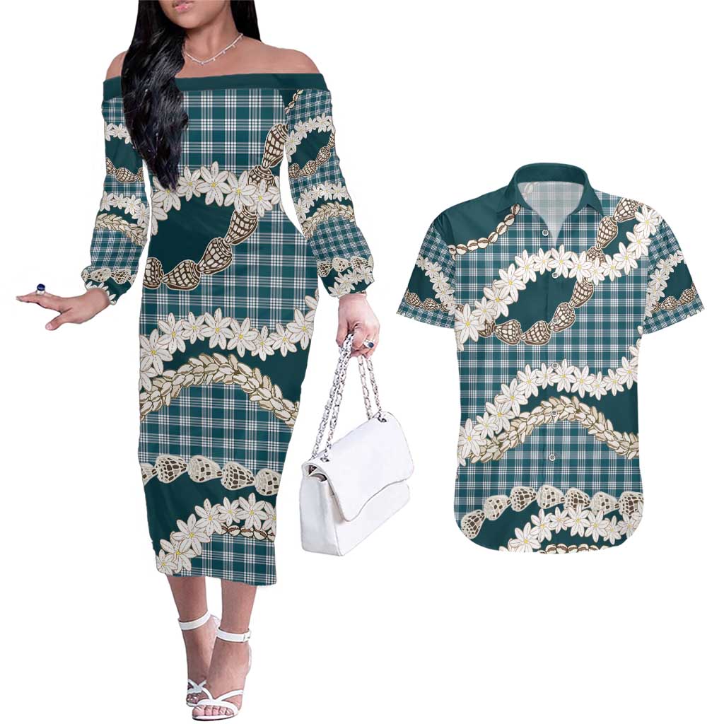 Dark Cyan Hawaii Tiare and Shell Lei Couples Matching Off The Shoulder Long Sleeve Dress and Hawaiian Shirt Hawaiian Palaka Luxury Vibes - Polynesian Pride