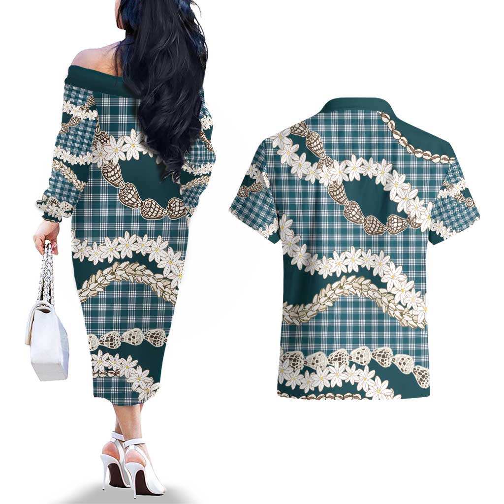 Dark Cyan Hawaii Tiare and Shell Lei Couples Matching Off The Shoulder Long Sleeve Dress and Hawaiian Shirt Hawaiian Palaka Luxury Vibes - Polynesian Pride