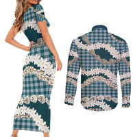 Dark Cyan Hawaii Tiare and Shell Lei Couples Matching Short Sleeve Bodycon Dress and Long Sleeve Button Shirt Hawaiian Palaka Luxury Vibes - Polynesian Pride