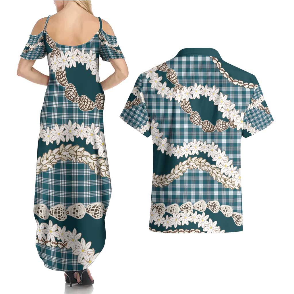 Dark Cyan Hawaii Tiare and Shell Lei Couples Matching Summer Maxi Dress and Hawaiian Shirt Hawaiian Palaka Luxury Vibes - Polynesian Pride