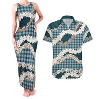 Dark Cyan Hawaii Tiare and Shell Lei Couples Matching Tank Maxi Dress and Hawaiian Shirt Hawaiian Palaka Luxury Vibes - Polynesian Pride