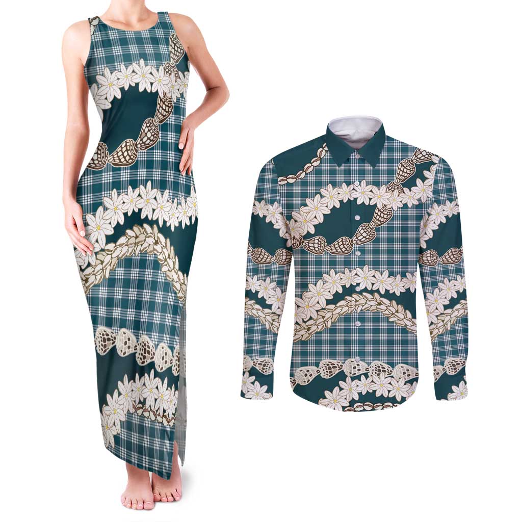 Dark Cyan Hawaii Tiare and Shell Lei Couples Matching Tank Maxi Dress and Long Sleeve Button Shirt Hawaiian Palaka Luxury Vibes - Polynesian Pride