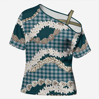 Dark Cyan Hawaii Tiare and Shell Lei Cross Shoulder Shirt Hawaiian Palaka Luxury Vibes LT14 Female Dark Cyan - Polynesian Pride