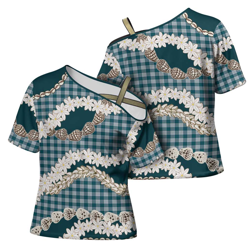 Dark Cyan Hawaii Tiare and Shell Lei Cross Shoulder Shirt Hawaiian Palaka Luxury Vibes LT14 - Polynesian Pride