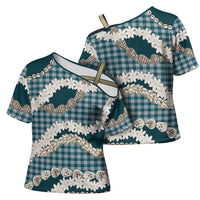 Dark Cyan Hawaii Tiare and Shell Lei Cross Shoulder Shirt Hawaiian Palaka Luxury Vibes LT14 - Polynesian Pride