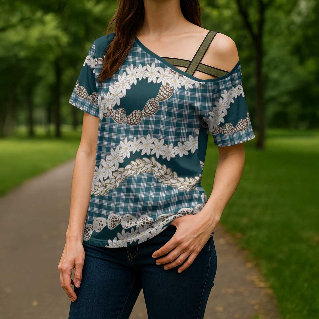 Dark Cyan Hawaii Tiare and Shell Lei Cross Shoulder Shirt Hawaiian Palaka Luxury Vibes LT14 - Polynesian Pride