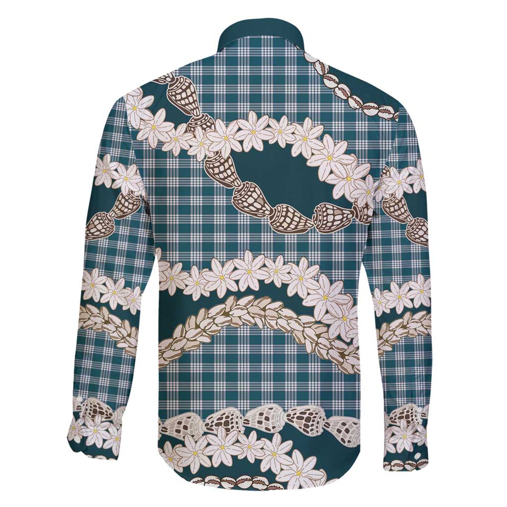 Dark Cyan Hawaii Tiare and Shell Lei Family Matching Long Sleeve Bodycon Dress and Hawaiian Shirt Hawaiian Palaka Luxury Vibes - Polynesian Pride